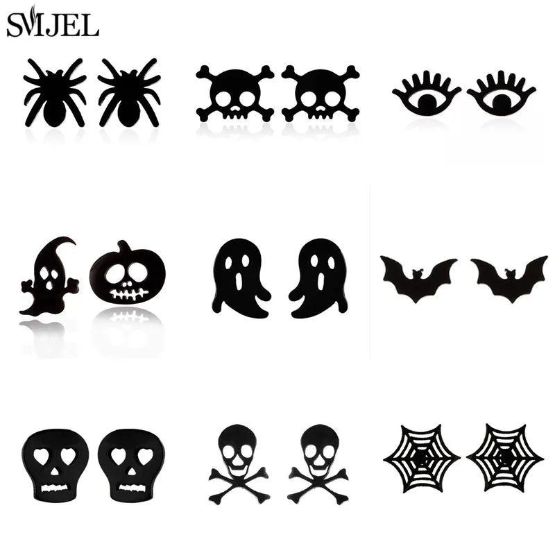 Punk Halloween Earring Black Stainless Steel Ghost Pirate Skull Stud Earrings Women Men Goth Pumpkin Spider Bat Ear Jewelry Gift