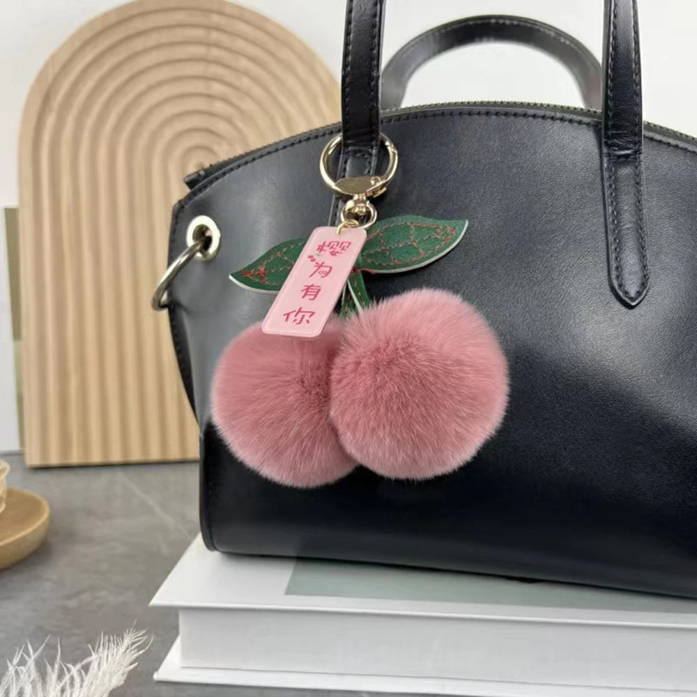 Keychain Key Fob Bag Pendant Fluffy Cherry Keyring Bag Hanging Leaf Artificial Rabbit Fur Ball Key Holder Plush Bag Accessories