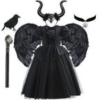 Halloween Costume For Kids Black Witch Dress Luxury Lace Sequin Evil Role Playing Costume Maleficent Dress Up Outfit Ghost Bride