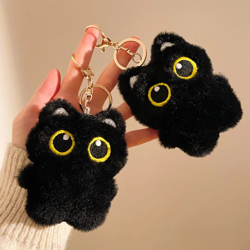 Cute Mini Black Cat Pendant Keychain Cartoon Plush Kitten Doll Charms With Beaded Chain Cuddly Black Kitten For Boys Girls Gifts