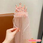 1PC Princess Crown Veil Headbands,Sparkly Tulle Hair Accessories,Pink White Sequin Party Headwear,Cute Girl's Dress Up Headbands