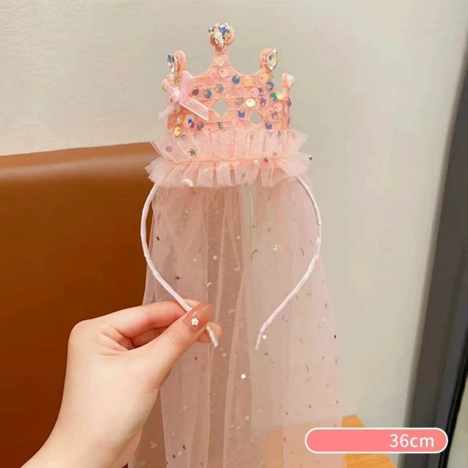 1PC Princess Crown Veil Headbands,Sparkly Tulle Hair Accessories,Pink White Sequin Party Headwear,Cute Girl's Dress Up Headbands