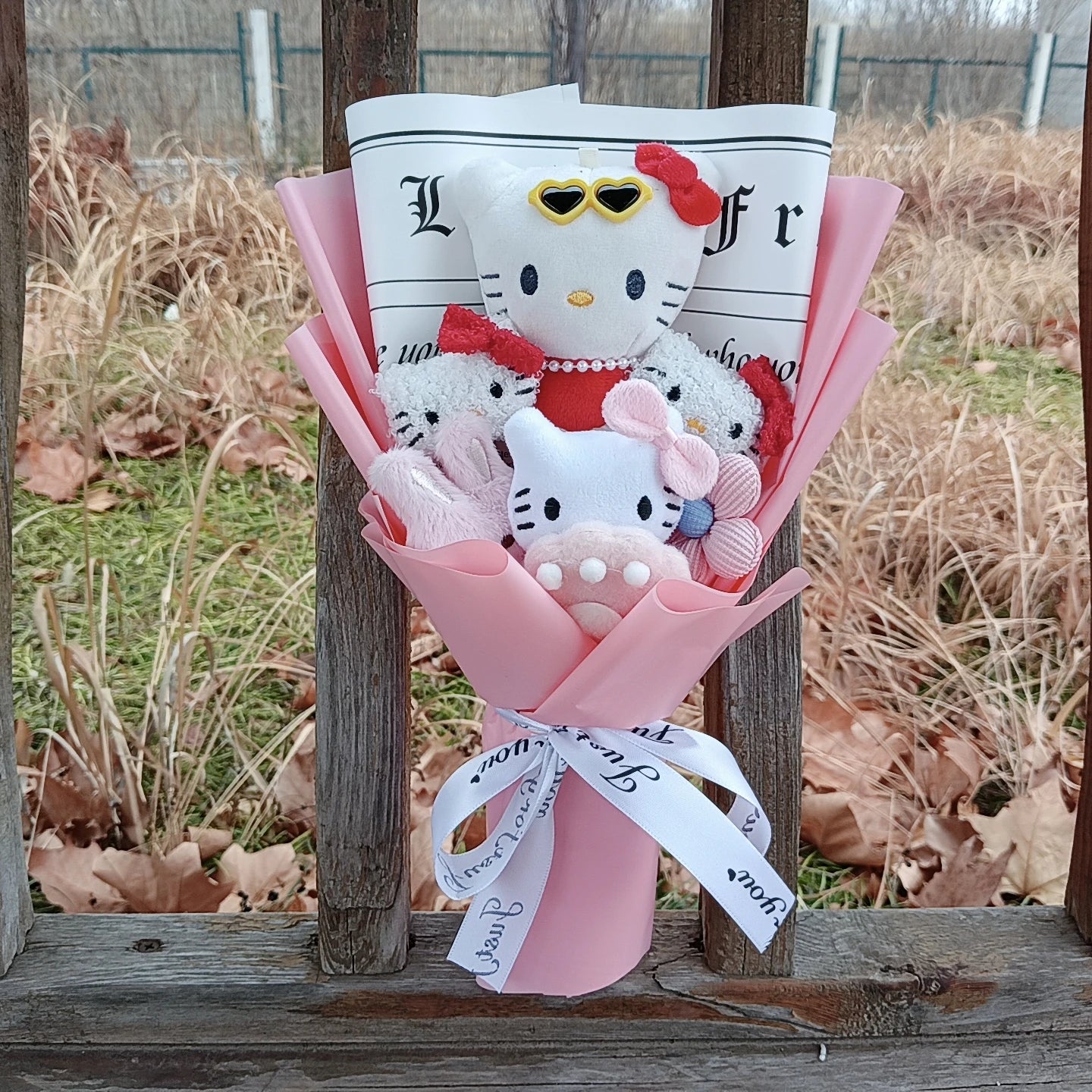 Hello Kitty Plush Bouquet with Rose Kawaii Anime Fluffy Stuffed Plush Doll Christmas Valentine's Day Holiday Birthday Gift