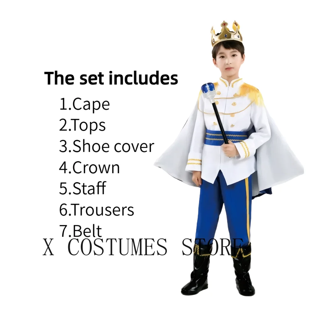 Boy's King Prince Cosplay Costume Prince Crown Scepter Cloak Royalty Suit Halloween Birthday Carnival Costumes Fancy Dress Up