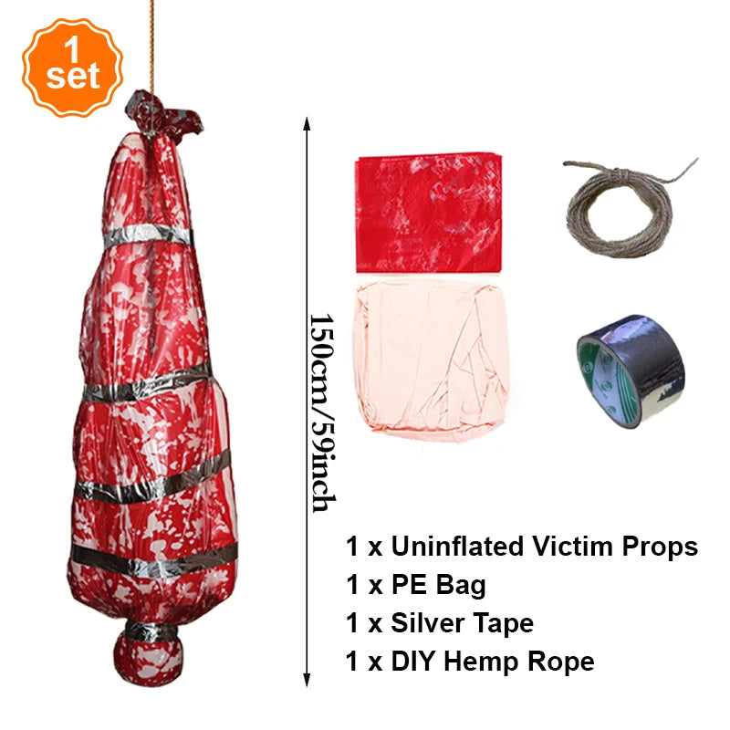 Horror Halloween Outdoor Decoration 59inch Creepy Corpse Props Set Scary Fake Bloody Body Bag Haunted House Hanging Decorations