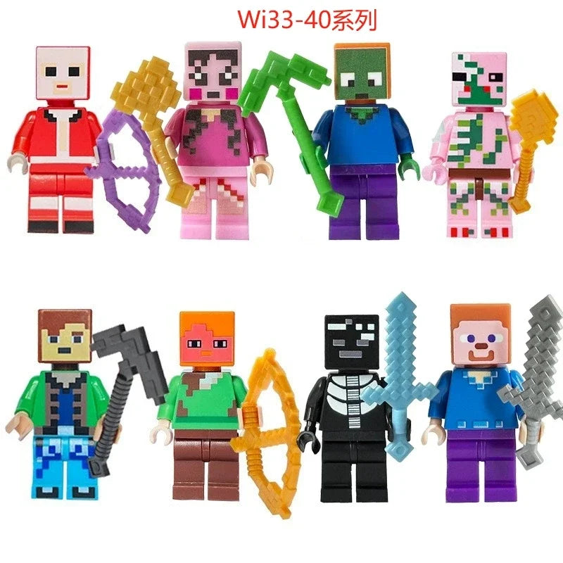 8pcs/lot Minecrafte Creeper Small Building Blocks EnderDragon DIY Steve Cube Skeleton Horse Figures Mini Building Block For Kids