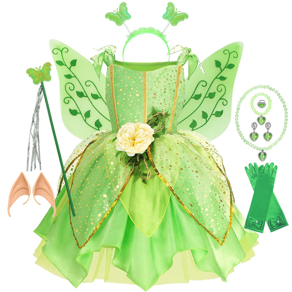Girls Tinkerbell Fairy Costume – Green Princess Dress Outfit