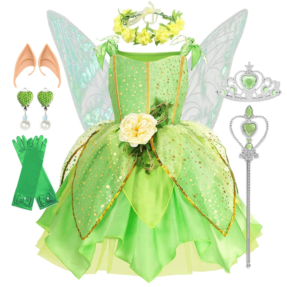 Girls Tinkerbell Fairy Costume – Green Princess Dress Outfit