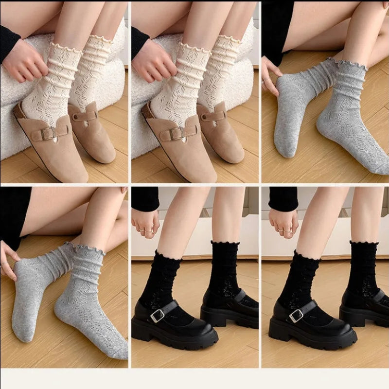 6 Pairs/lot Women's Mid-Tube Socks Hollow-Out Mesh with Flounce Trim Breathable Slouch Trendy and Versatile for Instagram Style