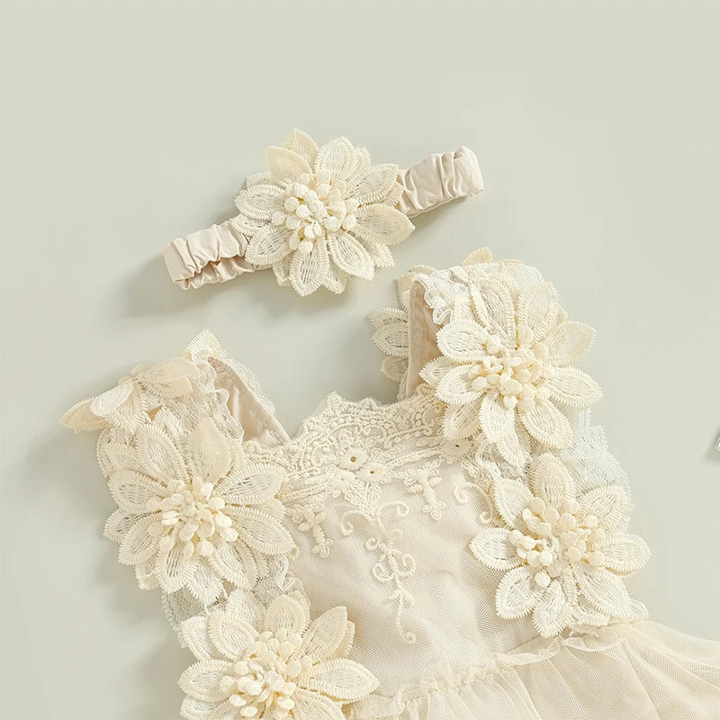 0-18M Infant Baby Girls Princess Romper Dress Summer Sleeveless Square Neck Floral Lace Bodysuits with Headband Sets Outfits