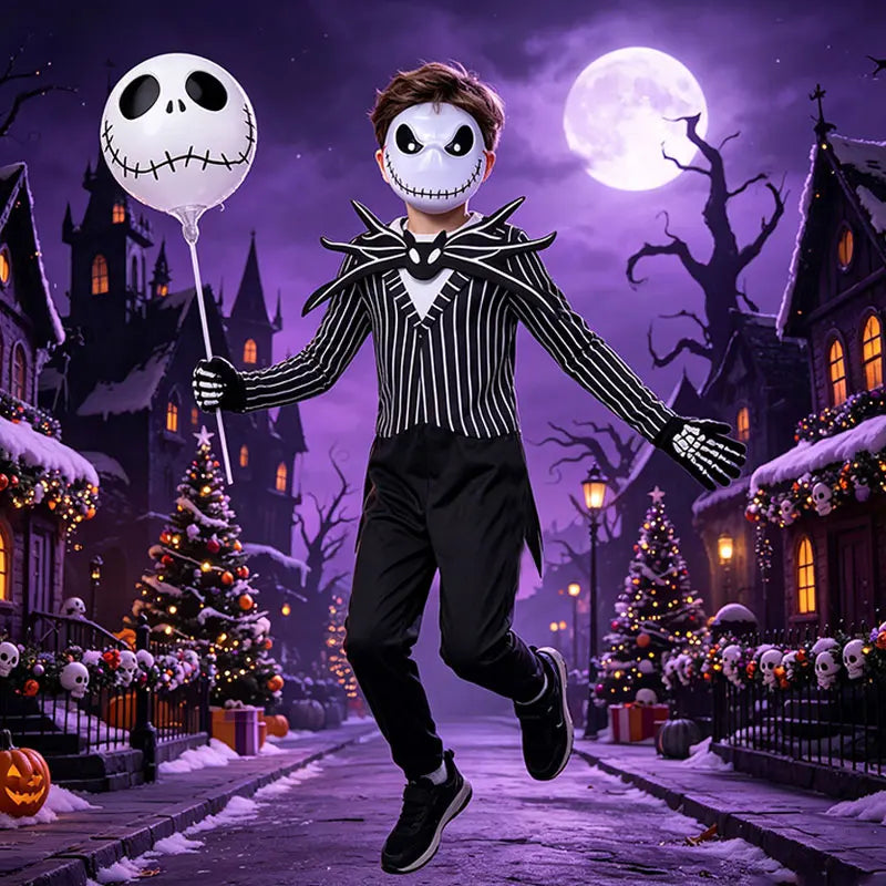 Kids Jack Skellington Cosplay Costume The Nightmare Before Christmas Boys Striped Outfit  Halloween Party Fancy Dress Up Set