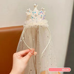 1PC Princess Crown Veil Headbands,Sparkly Tulle Hair Accessories,Pink White Sequin Party Headwear,Cute Girl's Dress Up Headbands