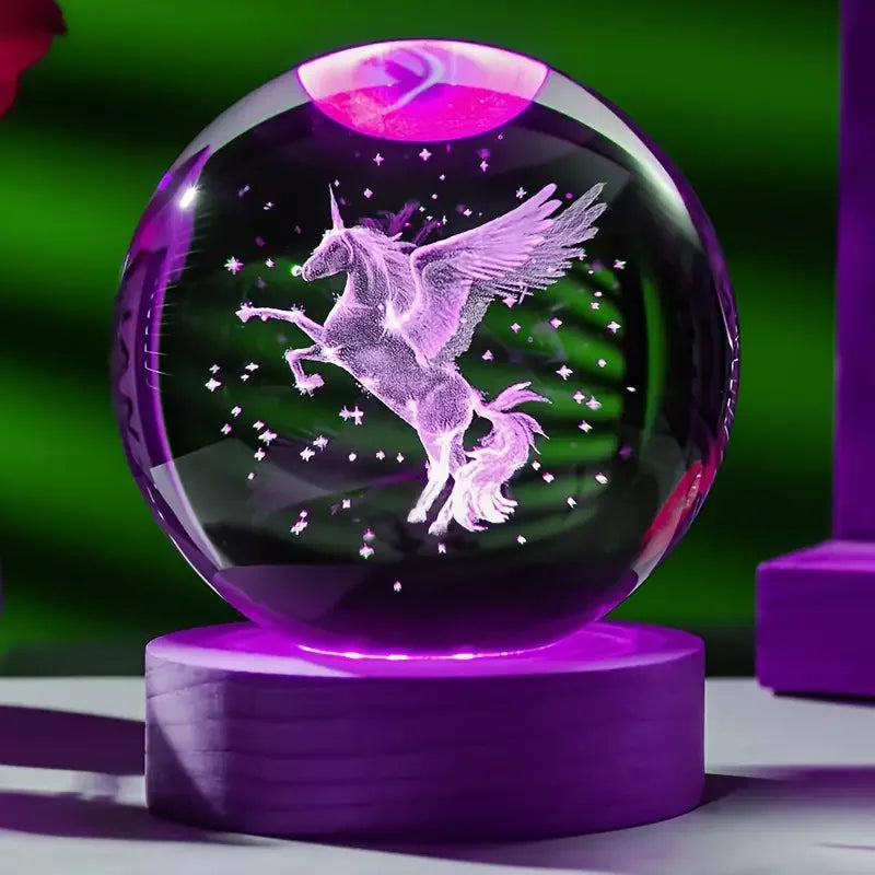 1 Unicorn 3D laser carved crystal ball with wooden colored LED lamp holder, home decoration, girlfriend, colleague, wife birthda