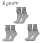 3 Pairs Women Pile Up Socks Fashionable Trendy Versatile White Solid Color Basic Socks Comfortable Breathable Mid Length Socks