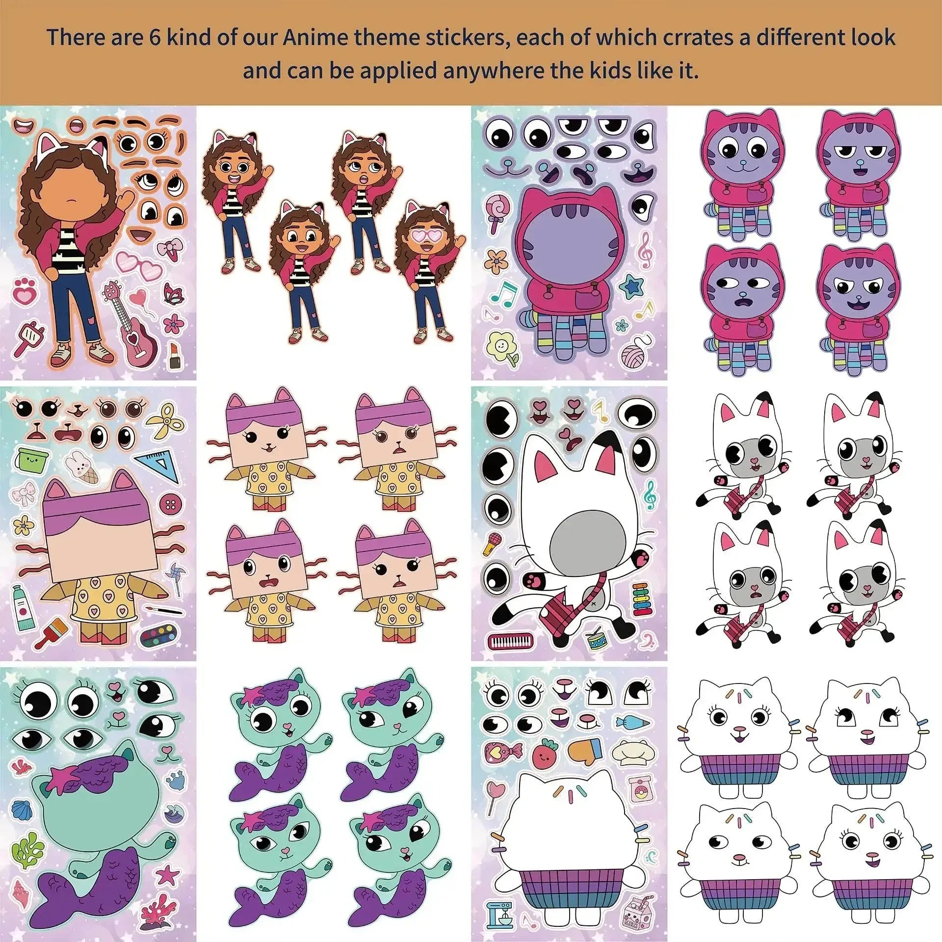 -Gabby Cat Dolls Cartoon Stickers Birthday Party Decoration DIY Sticker Luggage Guitar Waterproof Graffiti Baby Shower Kids Toys