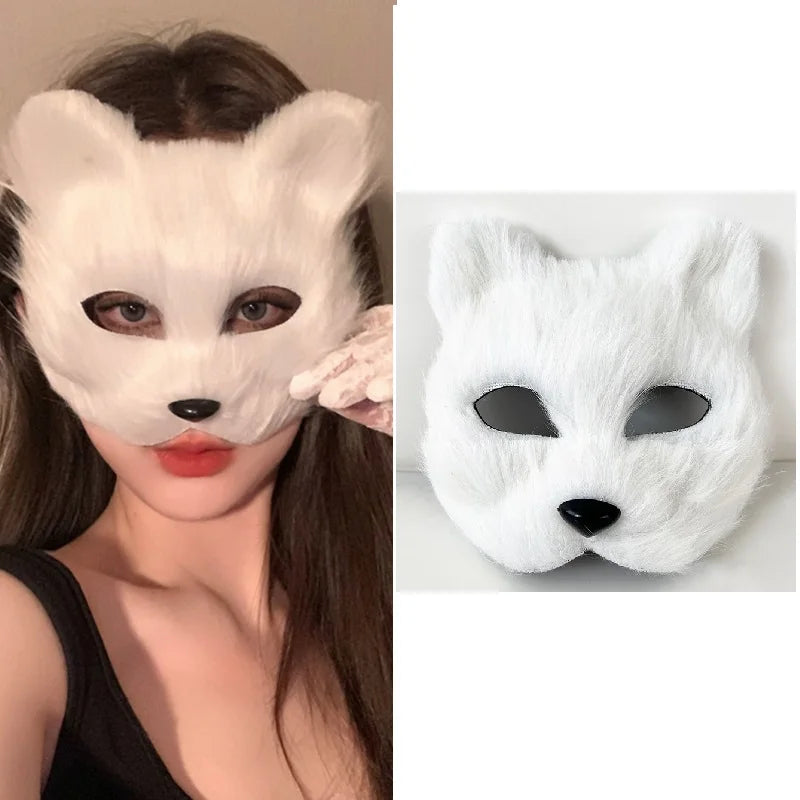 Faux Fur Fox Tail Cat Wolf Cosplay Costume Set with Plush Mask Fluffy Paw Gloves for Halloween And Christmas Party Accessories