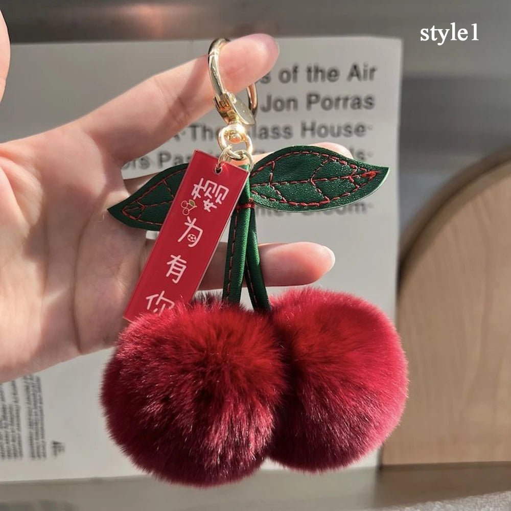 Keychain Key Fob Bag Pendant Fluffy Cherry Keyring Bag Hanging Leaf Artificial Rabbit Fur Ball Key Holder Plush Bag Accessories