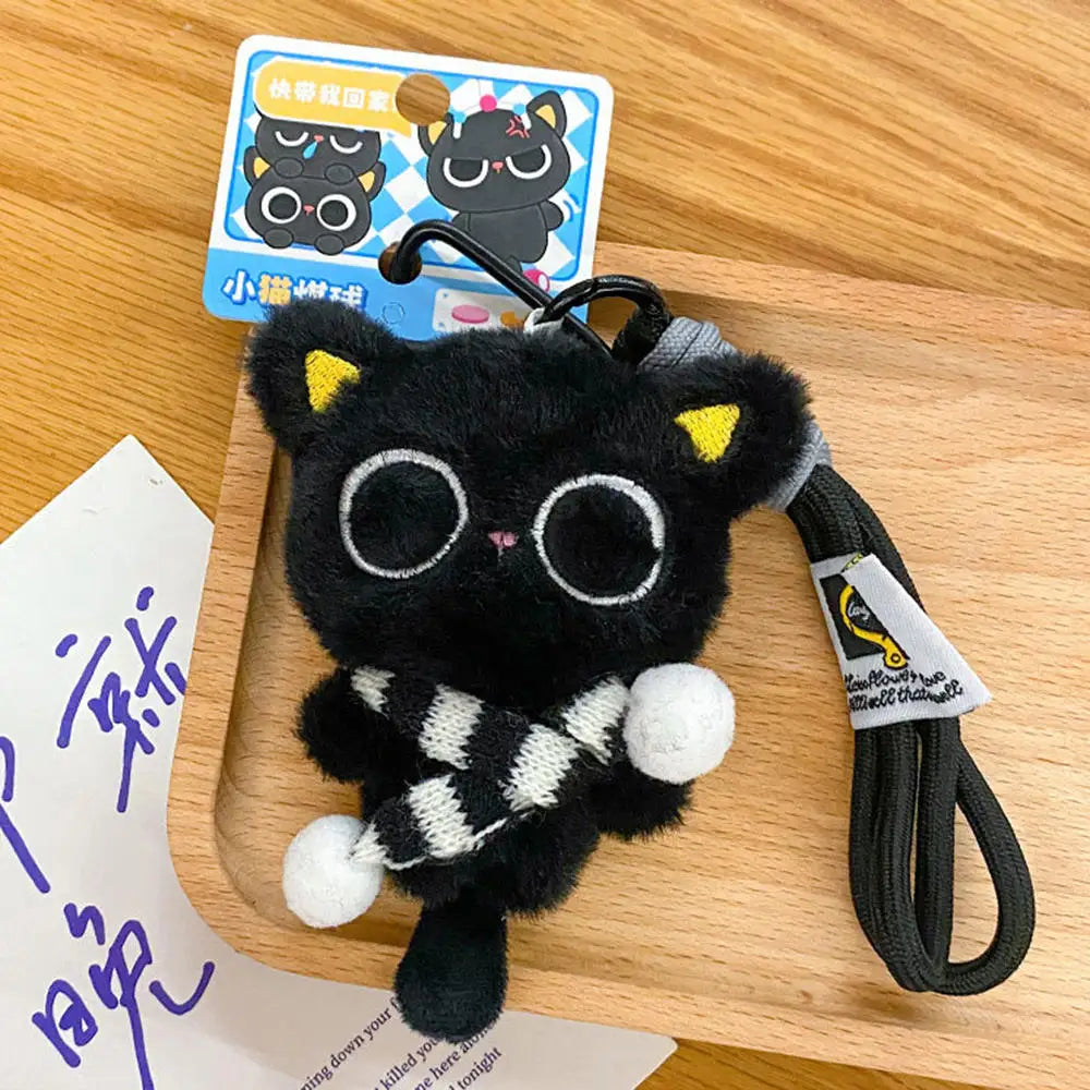 Cute Mini Black Cat Pendant Keychain Cartoon Plush Kitten Doll Charms With Beaded Chain Cuddly Black Kitten For Boys Girls Gifts