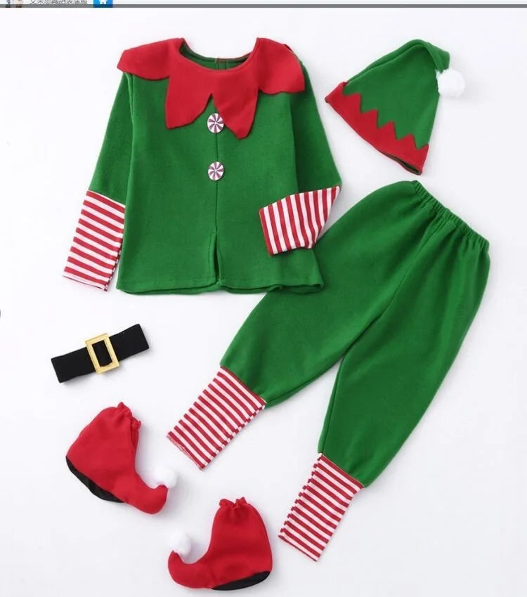 2025 Girl Boy Christmas Elf Costumes Santa Claus Suit Festival Adult Family Halloween Cosplay Sets Green Elves Clothes