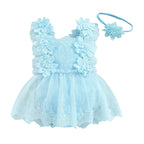0-18M Infant Baby Girls Princess Romper Dress Summer Sleeveless Square Neck Floral Lace Bodysuits with Headband Sets Outfits