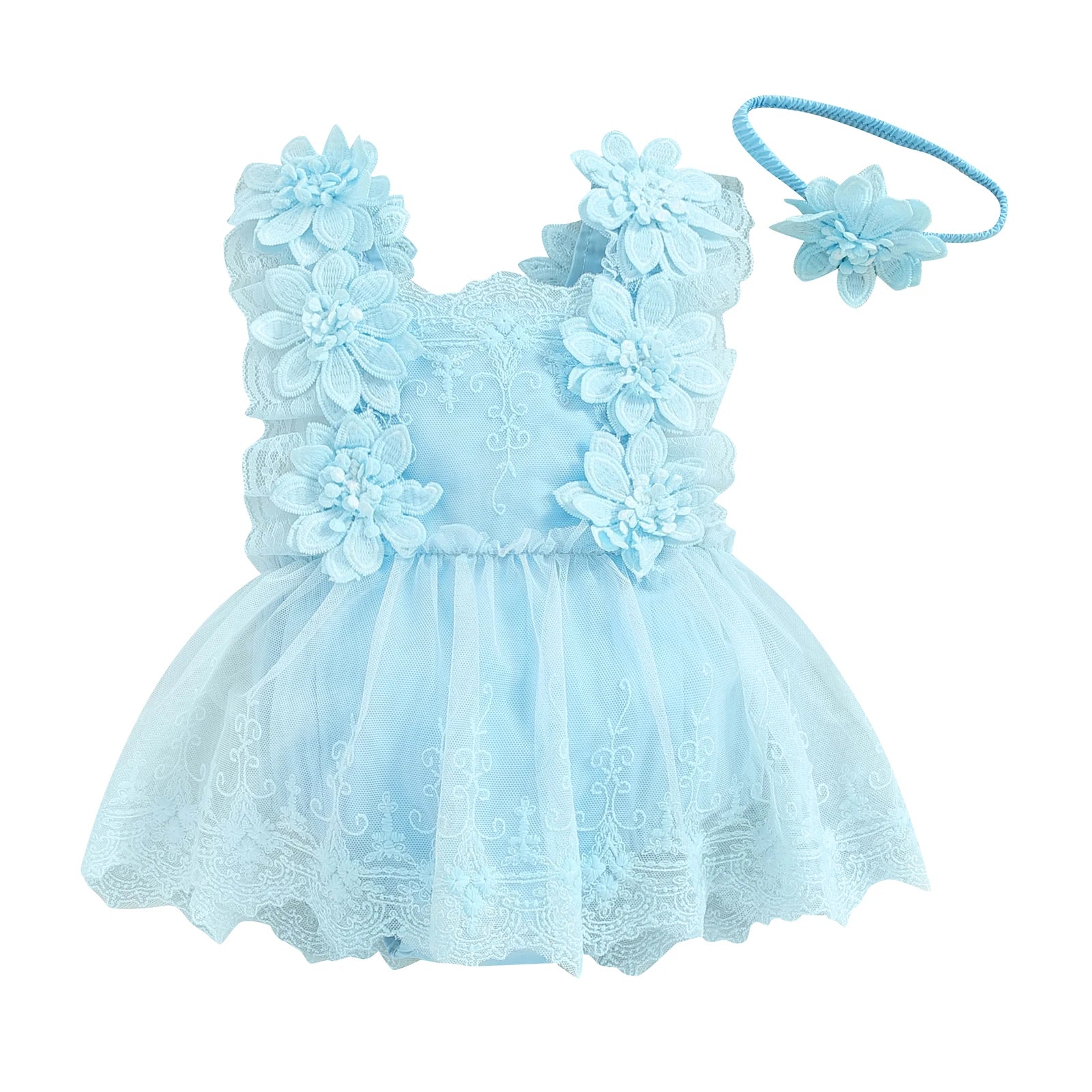 0-18M Infant Baby Girls Princess Romper Dress Summer Sleeveless Square Neck Floral Lace Bodysuits with Headband Sets Outfits