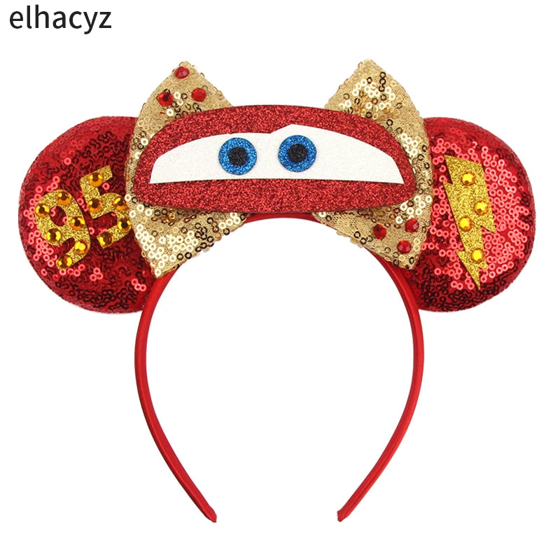 Disney Anime Cars Ears Headbands Women Sequins Bow Hairband Girls Pixar 95 Lightning McQueen Hair Accessories Kids Headwear Gift