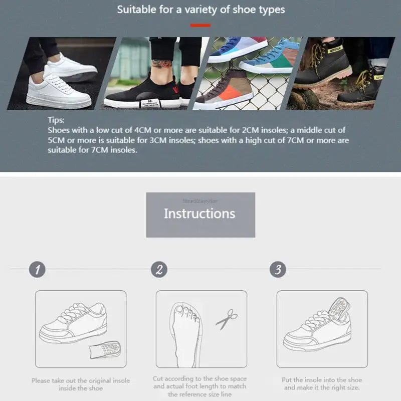 1Pair Height Increase Insoles Unisex Shoes Insole Height Lift Adjustable Cut Shoe Heel Insert Taller Support Absorbant Foot Pads