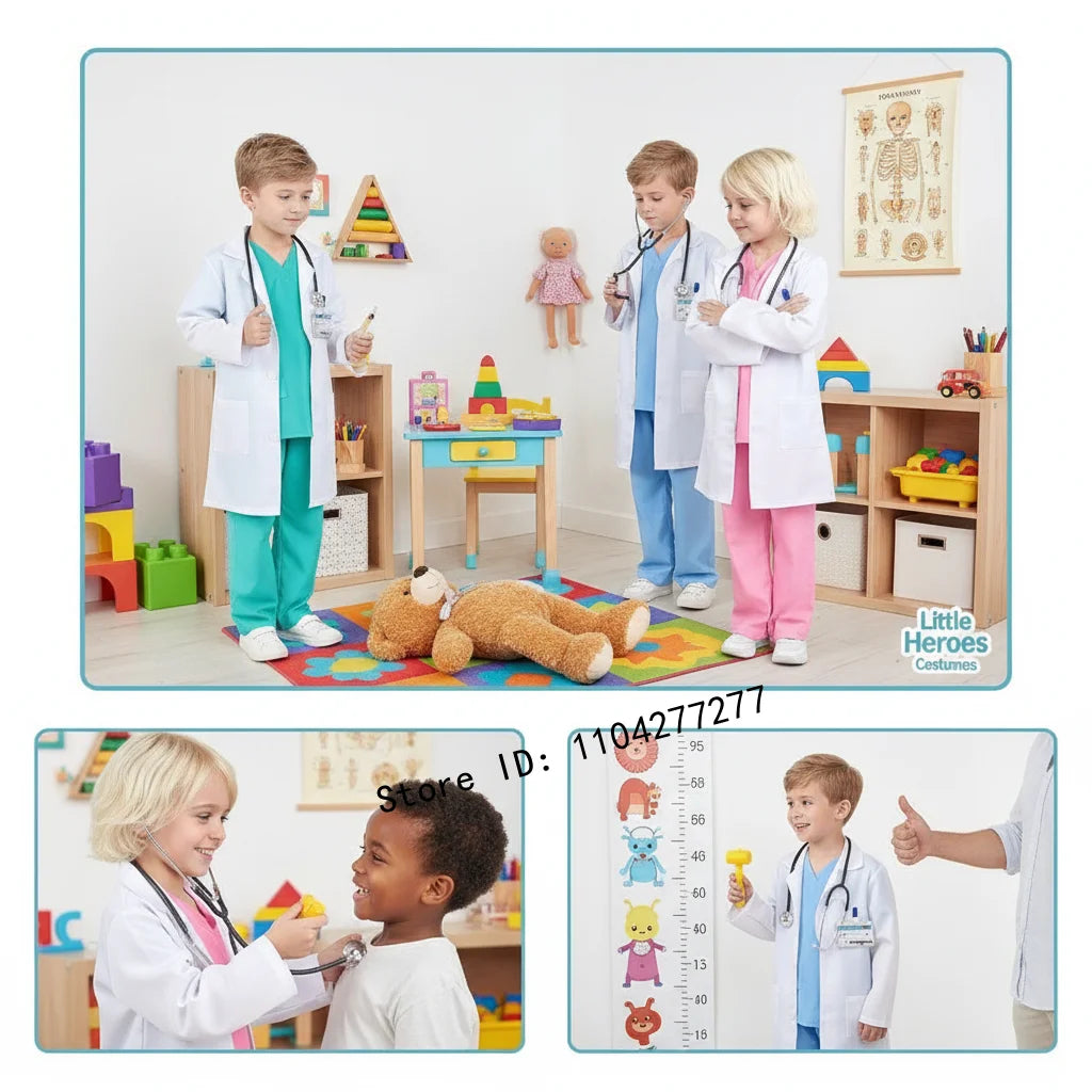 Kids Doctor Nurse Cosplay Costume, V Neck Surgical Uniform for Boys Girls, Halloween Party Role Play Dress Up Outfit