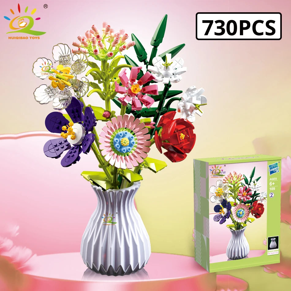 HUIQIBAO MOC Flower Model Building Blocks 3D Bouquet Plants Sunflower Rose Bricks Kits Children DIY Educational Toys Home Decor