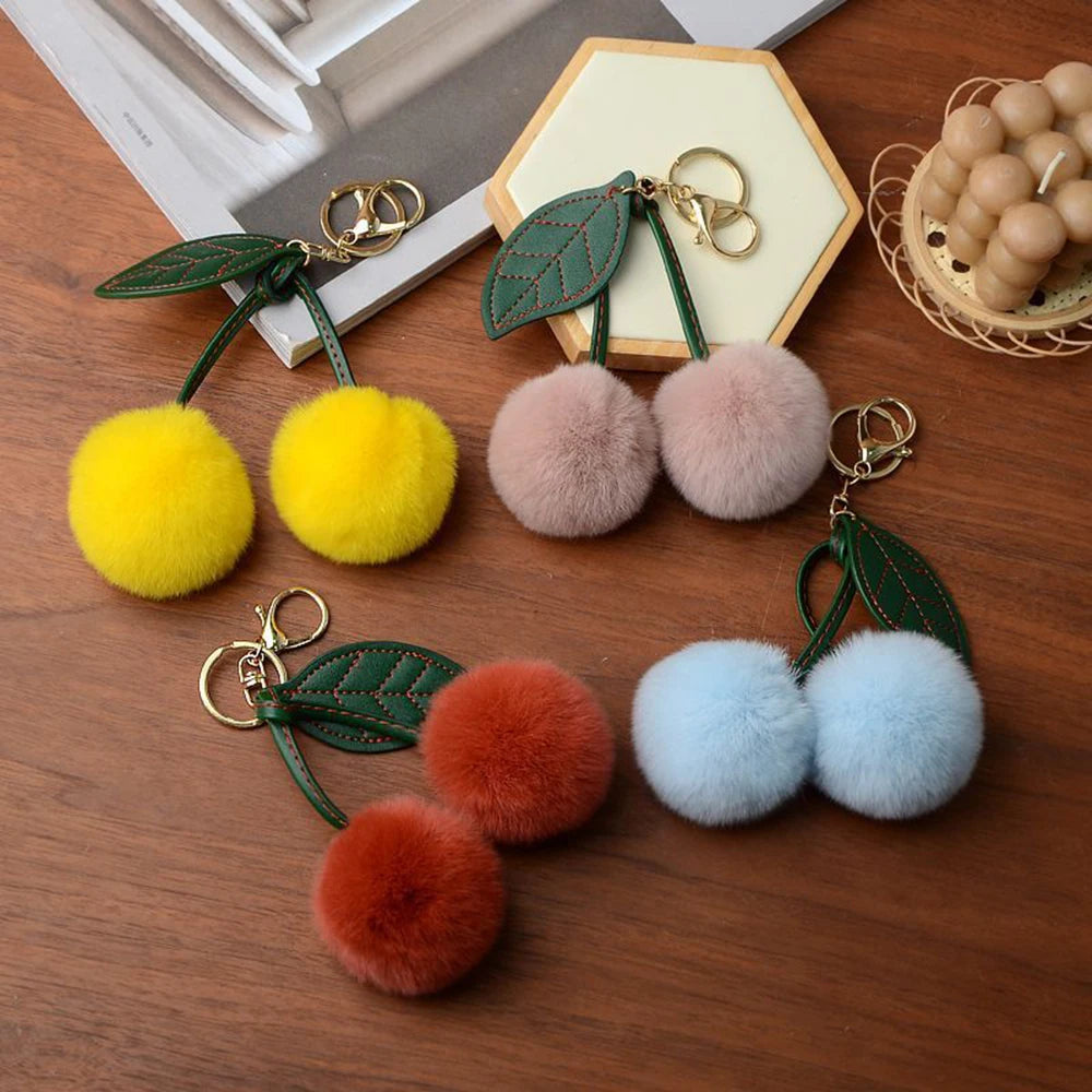 Keychain Key Fob Bag Pendant Fluffy Cherry Keyring Bag Hanging Leaf Artificial Rabbit Fur Ball Key Holder Plush Bag Accessories