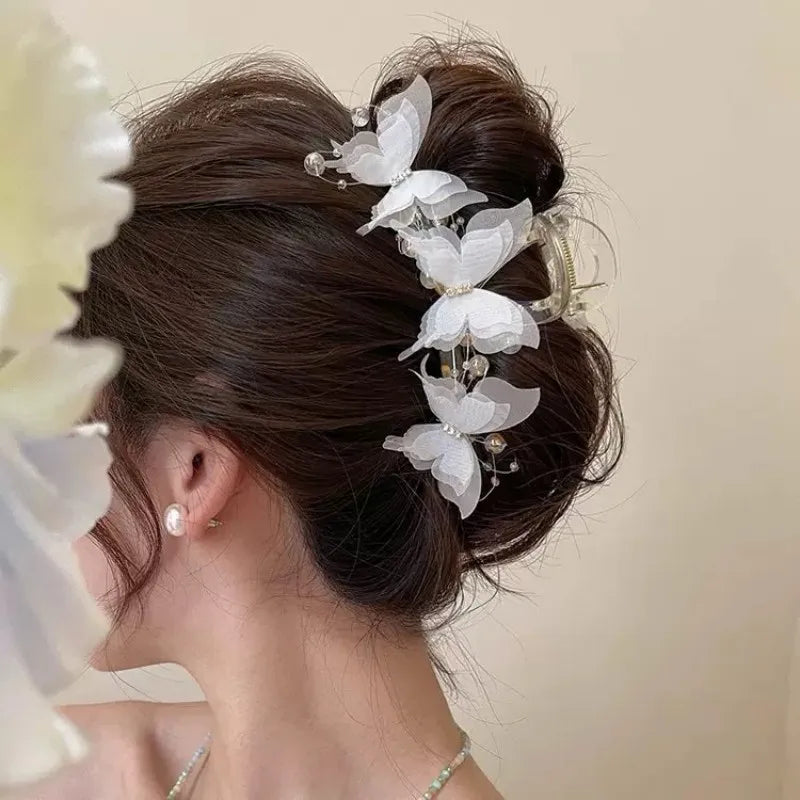 Light Blue/Pink Sheer Butterfly Claw Clip | Pearl Rhinestone Fairycore Hair Grabber | Elegant Romantic Hair Accessory