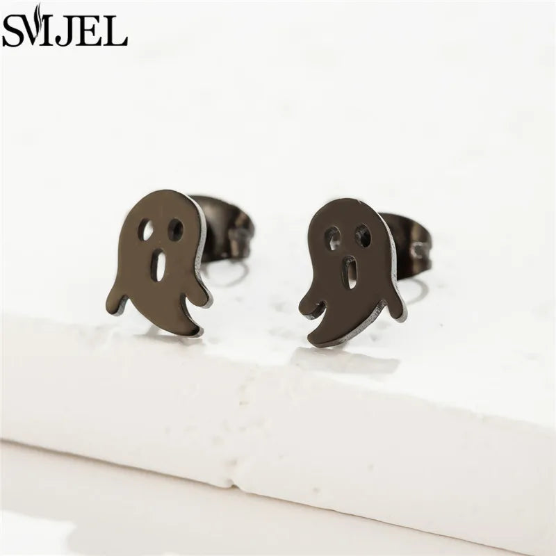 Punk Halloween Earring Black Stainless Steel Ghost Pirate Skull Stud Earrings Women Men Goth Pumpkin Spider Bat Ear Jewelry Gift