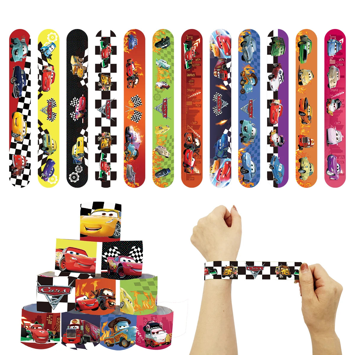 12Pcs Cars Series Slap Bracelets Snap Circle Cute DIY Bracelet Wristbands of Anime for Kids Party Favors Fun Birthday Gifts