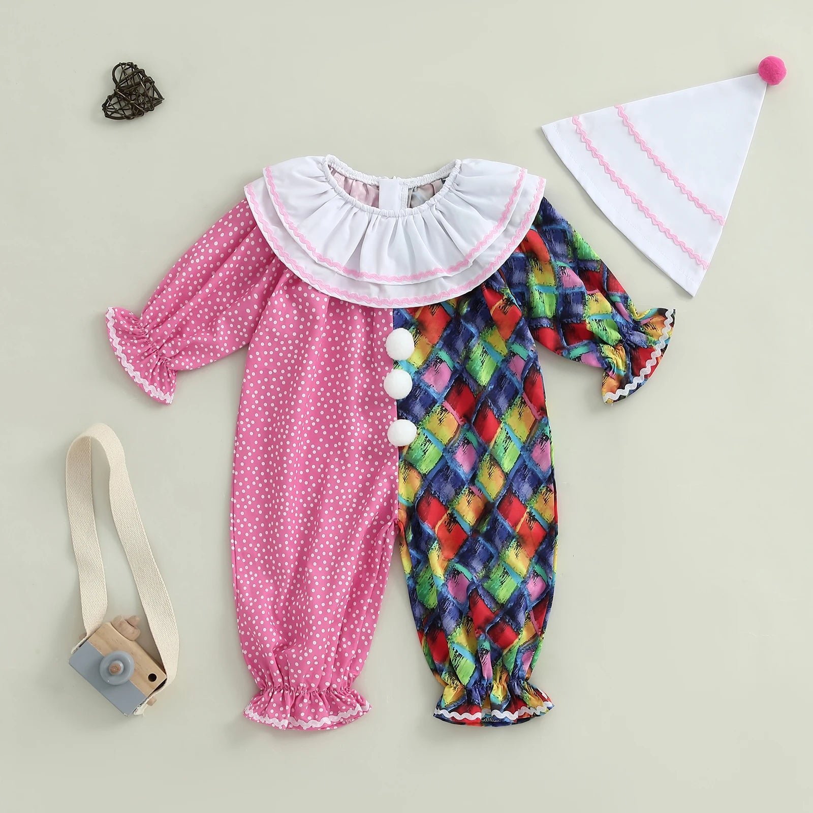 0-5Y Toddler Baby Clown Costume Boy Girl Funny Halloween Outfit Contrast Color Long Sleeve Jumpsuit with Hat