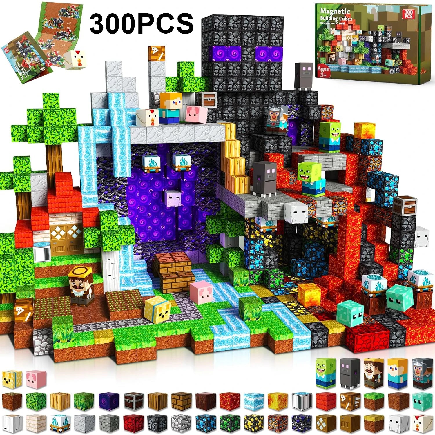 100-300pcs Magnetic Tiles Building Blocks Set,My World Figures Bricks, STEM Educational Toys for Kids Ages 3-10,Boys Girls Gifts