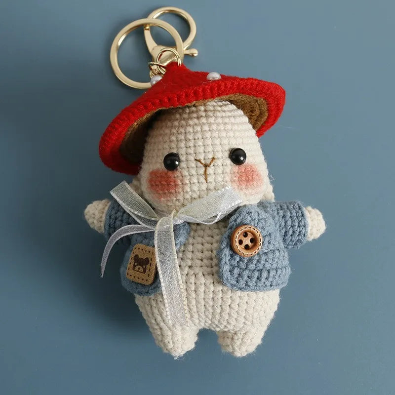 Cute Mushroom Rabbit Crochet Keychains Handmaking Crochet Cartoon Rabbit Doll Keyring For Bag Pendant Knitted Animal Doll Custom