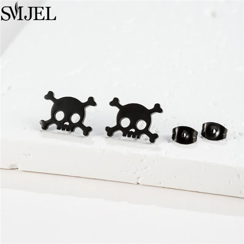 Punk Halloween Earring Black Stainless Steel Ghost Pirate Skull Stud Earrings Women Men Goth Pumpkin Spider Bat Ear Jewelry Gift