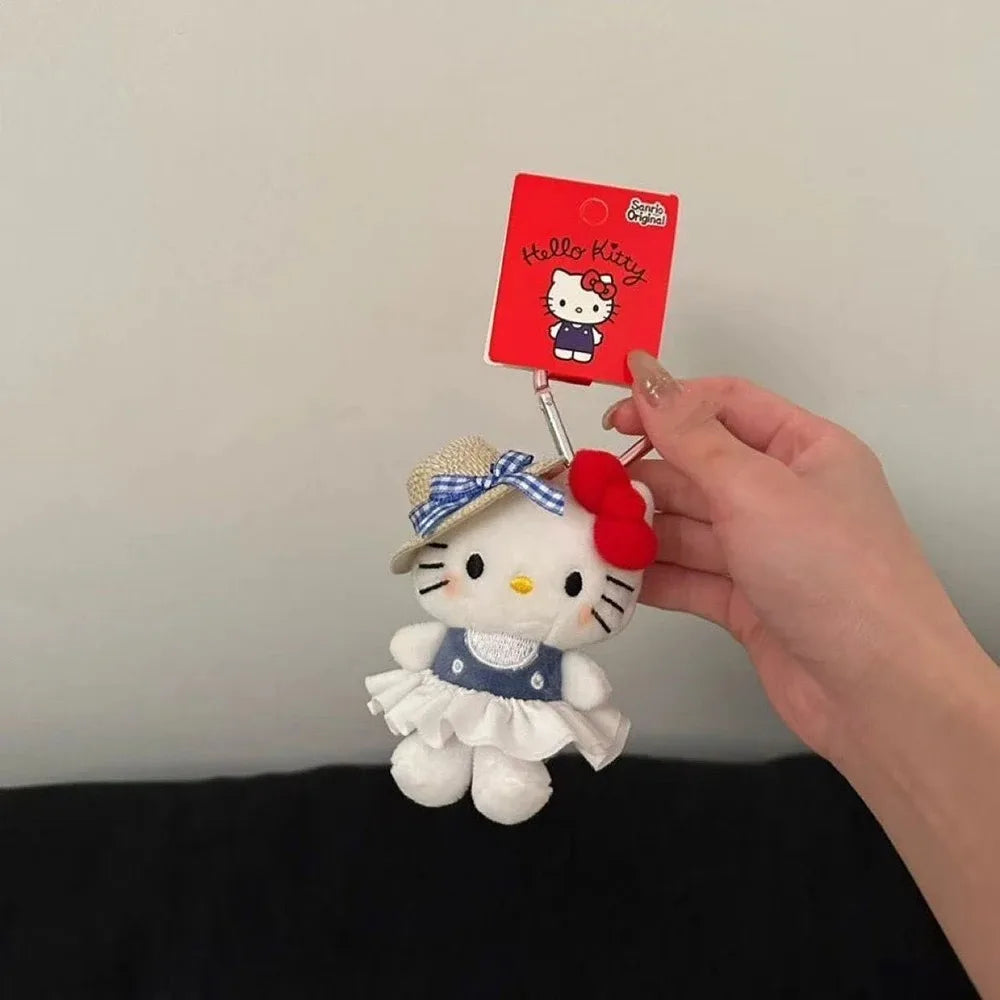 Hello Kitty  10Cm Keychain Plush Straw Hat Doll Kawaii Pendant Anime Cartoon Plushie Toy Christmas Gifts For Children