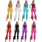 Womens 70s Disco Shiny Sequins Jumpsuit Sleeveless Turn-Down Collar Zipper Rhinestone O-Ring Front Tiered Bell-Bottom Bodysuit