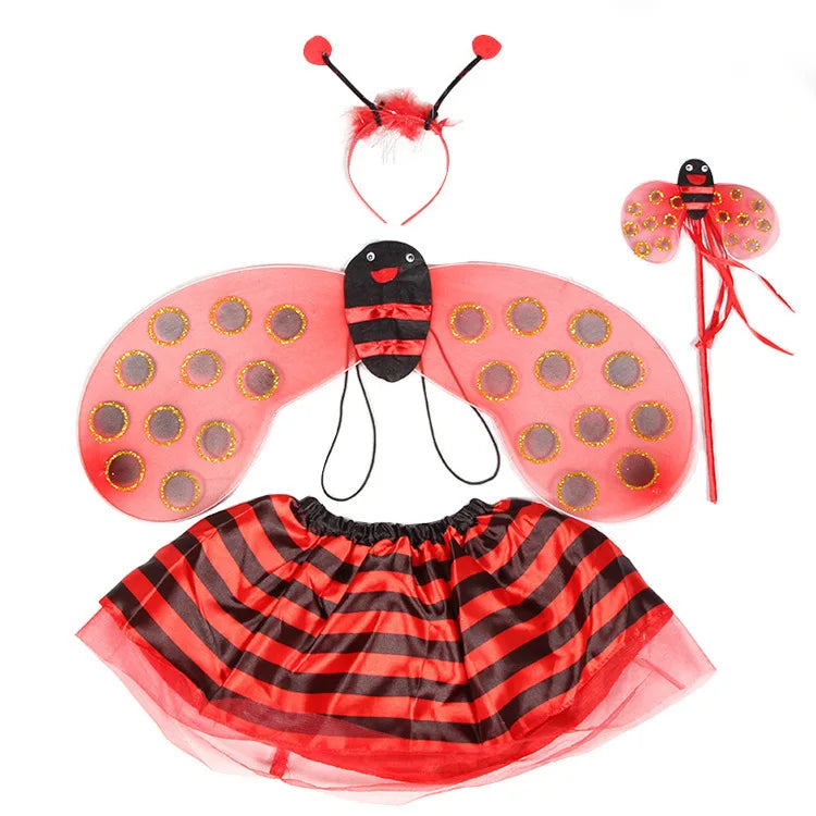 4 Piece Yellow Bee Cosplay Costume Halloween Girls Bee Antennae Headband Hairband Wings Magic Wand Funny Dress Fairy Props Set