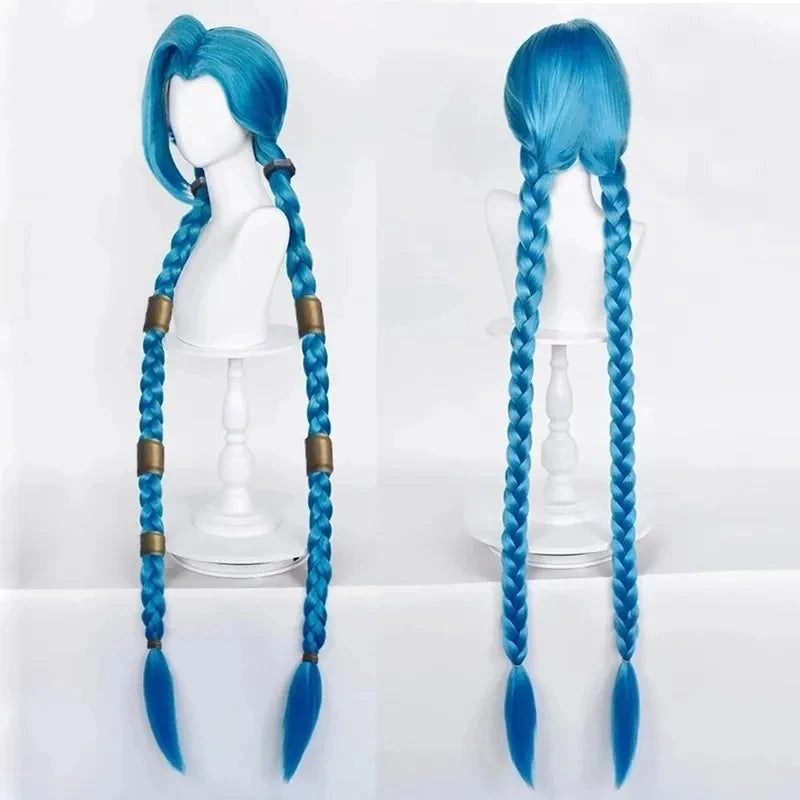 LOL Jinx Cosplay Wig Long Braided Blue The Loose Cannon Wig with Blue Braid Heat Resistant Synthetic Hair Anime Wigs
