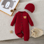 【Baby Boy】Autumn & Winter Red Onesie with Front Single-Breasted Buttons and Cute Bear Badge on Chest + Red Hat SetFeaturing a wa