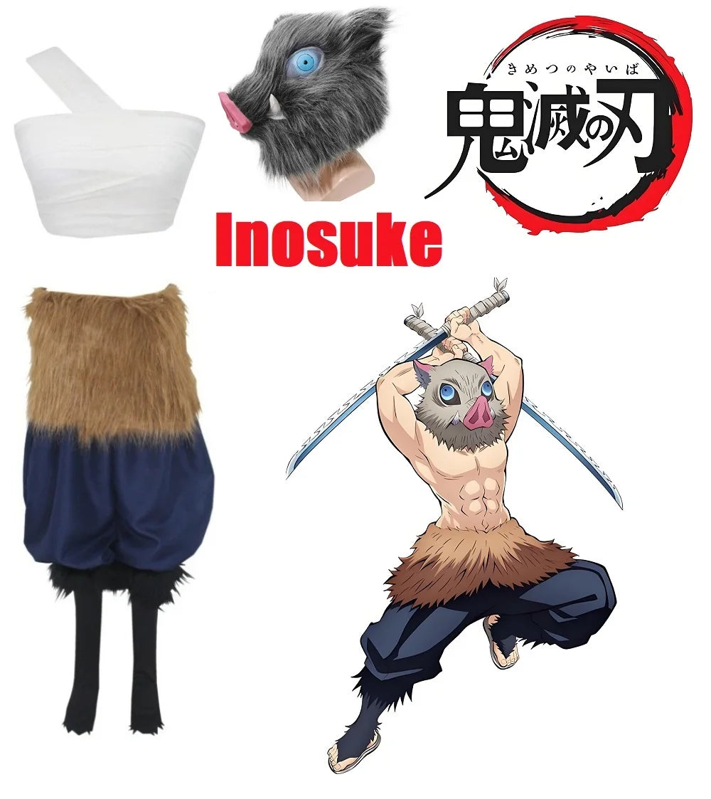 NEW Halloween Costumes Anime Demon Slayer Hashibira Inosuke Cosplay Pig Mask Bandage Pants Kimetsu no Yaiba Suit