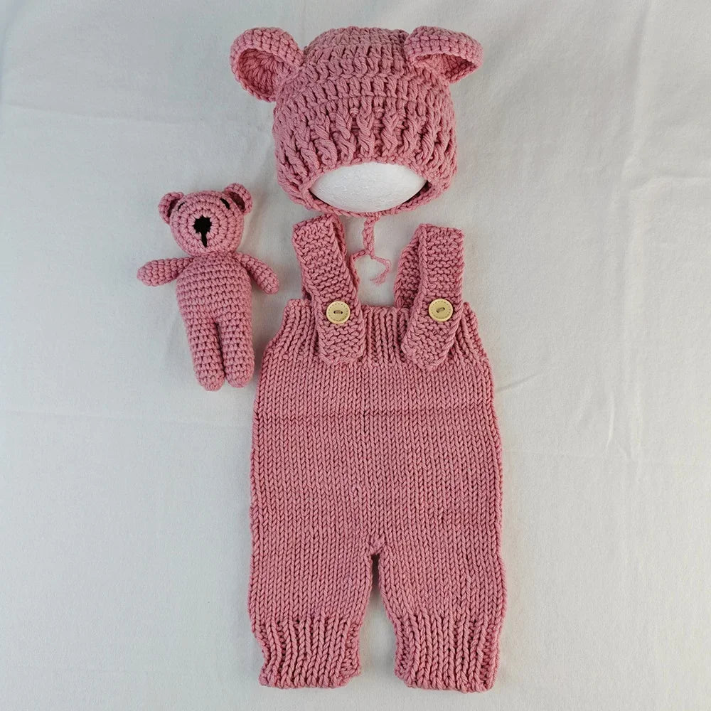 3pcs/sets Newborn Photography Clothing Hand-woven Romper Pants Bear Hat and Bear Dolls Decor Props Baby Photoshoot Outfits
