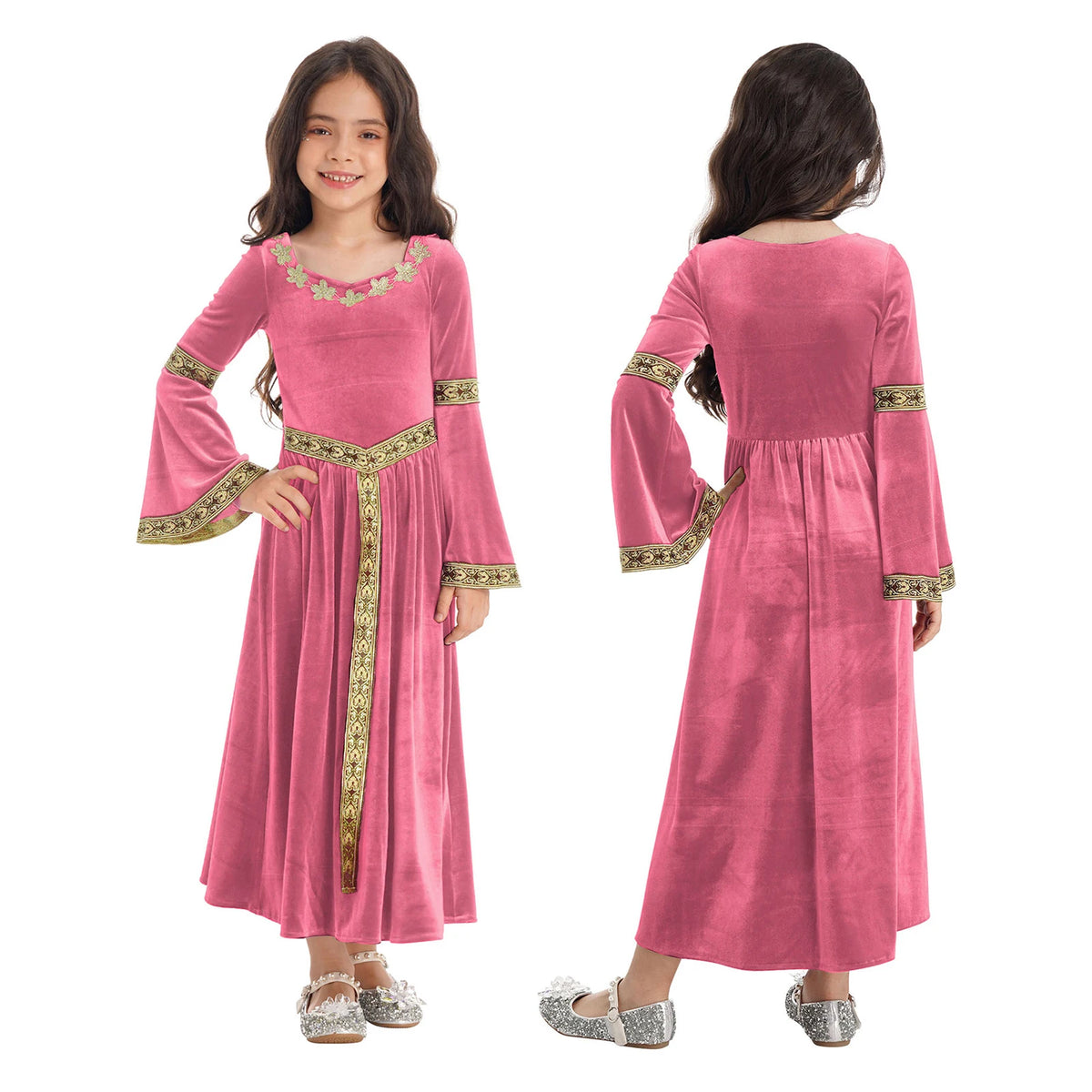 Girls Medieval Renaissance Princess Costume Velvet Long Flare Sleeve Vintage Dress Gown Carnival Party Cosplay Dress Up