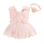 0-18M Infant Baby Girls Princess Romper Dress Summer Sleeveless Square Neck Floral Lace Bodysuits with Headband Sets Outfits