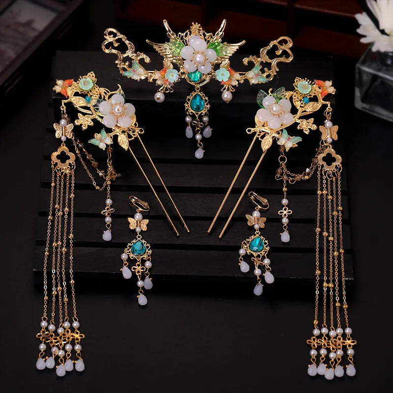 Chinese Hanfu Hair Stick Hairpin Earrings Hair Accessories Set Long Fringed Vintage Hairpin Flower Handmade Wedding Hair Jewelry
