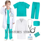 Kids Doctor Nurse Cosplay Costume, V Neck Surgical Uniform for Boys Girls, Halloween Party Role Play Dress Up Outfit