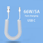 Car USB Type C/Type C to Type C/USB LIGHTNING Fast Charging Spring Telescopic Cable For iPhone 16 15 14 Samsung Xiaomi OnePlus