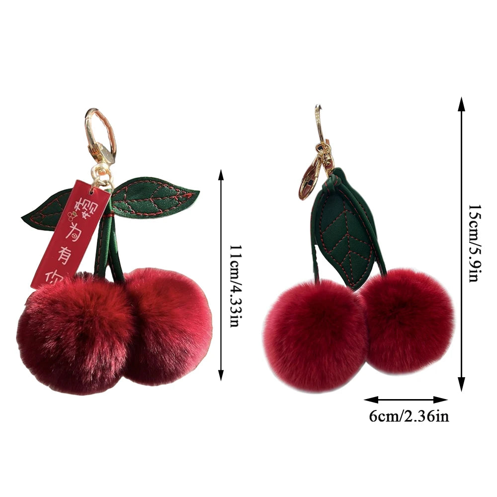 Keychain Key Fob Bag Pendant Fluffy Cherry Keyring Bag Hanging Leaf Artificial Rabbit Fur Ball Key Holder Plush Bag Accessories